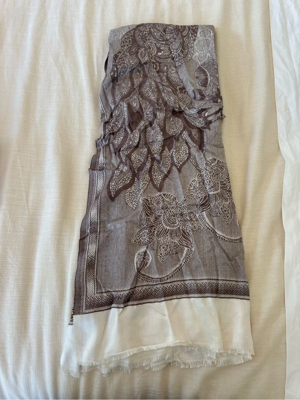 Lightweight Floral Paisley Scarf in Taupe and Ivory